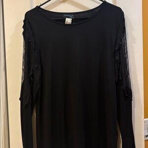 CREATION L BRAND BLACK TOP LONG SLEEVES WITH LACE INSERT RUFFLE TRIM STRETCHY
